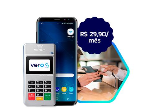 Mquina de carto Vero Bluetooth prxima a um smartphone. Ao lado h um selo indicando o preo R$ 29,90 por ms e uma foto de algum pagando pelo celular.